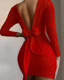Kukombo Open Back Knotted Long Sleeve Bodycon Dress Women Solid Low Cut Mini Party Dress