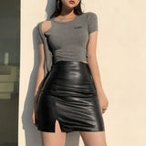 Kukombo Black Split Mini Black Leather Skirt Women Korean Fashion High-waisted Punk Style Bodycon Goth Sexy Skirts Female 2022