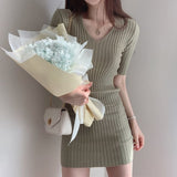 Christmas Gift Korean chic temperament dress shows thin V-neck dresses slim pit bar buttocks small screw thread cool silk knitted dress female