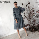 Christmas Gift BGTEEVER Chic Bow Neck Plaid Dress Women 2021 Spring Flare Sleeve Lace-up Pleated Mid-calf Dress Female Chiffon Vestidos femme