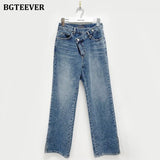 Christmas Gift BGTEEVER Casual Asymmetric High Waist Straight Jeans for Women Side Split Denim Blue Jeans Trousers Female Long Pantalon Femme