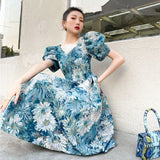 Kukombo French Vintage Print Party Blue Dresses Women Korean Style Designer Sweet Cute Dress A-line Puff Sleeve Retro Dress Sunmmer 2022 K101