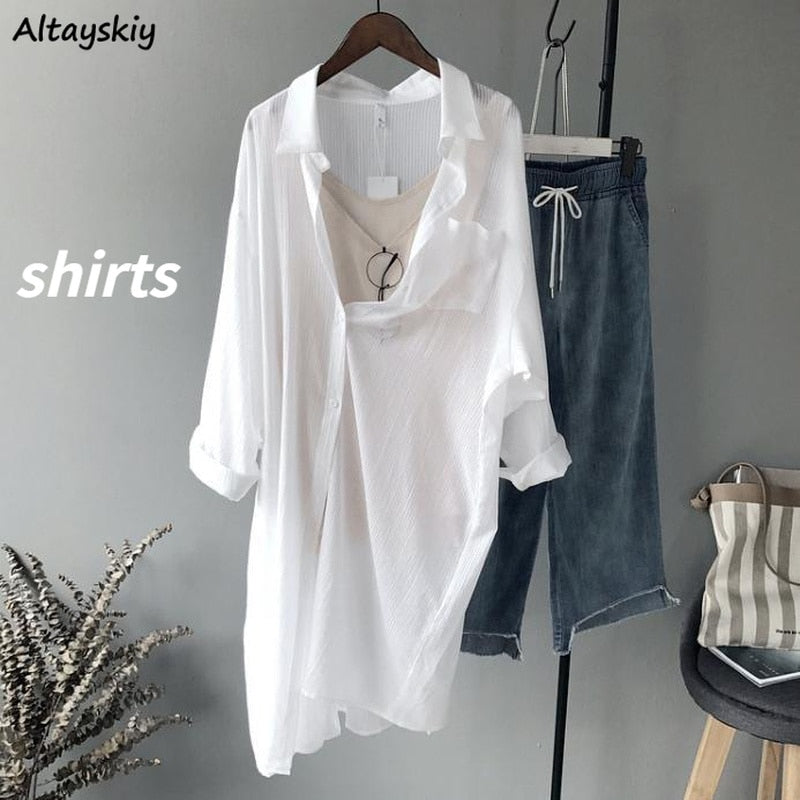 Christmas Gift Shirts Women Solid Loose Femme Fashion Blusas Sun-proof Summer Casual Ulzzang Thin All-match Streetwear Chic Oversize Breathable