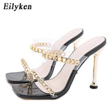 Christmas Gift Eilyken Clear PVC Transparent High Heel Slippers Summer Fashion Chain Design Slip On Square Toe Slides Women Mules Pumps