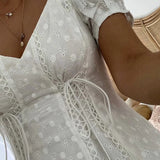 Kukombo White lace embriodery summer beach dress women elegant hollow out lace up short dress off shoulder puff sleeve sheer dress 2022