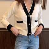 Kukombo Autumn All-Match V-Neck Sweater Jackets Women Korean Style Jumpers Knitted Cardigan Long Sleeve Short Knit Coat 2023