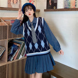 Kukombo Preppy Style Autumn Dress Sets Women New Argyle V-Neck Knitted Vest + Long Sleeve Tie Dress Female Korean Loose One-Piece Suits