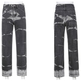Kukombo Grey Brown Aesthetic High Waist Women's Straight Jeans Harajuku Baggy Tie Dye Print Casual Mom Denim Trouser Streetwear