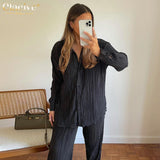 Kukombo Casual Black Home Suits Elegant Loose High Waist Pants Sets Women Fashion Long Sleeve Shirt Pleated Two Piece Pants Set