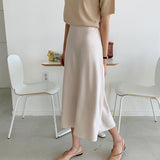 Kukombo Elegant High Waist Satin Skirt Women Casual A-Line Midi Silk Slim 2022 Summer