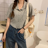 Kukombo Shirts Women Summer Short-Sleeve Turn-Down-Collar Solid Short Womens Tops Blouses Korean Style Loose All-Match Slim Trendy Retro