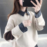 Kukombo Woman Sweater Patchwork Fake Two-piece Denim Turn-Down Collar Autumn Winter Casual Knitted Pullovers Korean Chic Top
