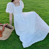 Kukombo 2022 Summer Women Sexy Backless Square Collar Fariy Dress Vintage Print White Beach Dress Puff Sleeve Holiday Vestidos