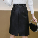 Christmas Gift 2021 Autumn High Waist PU Leather Skirt Mid-length A-line All-match Hip-wrap Skirt Solid Straight Belt Split Pencil Skirts 17102