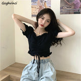Kukombo Blouses Shirts Women V-Neck Summer Puff Sleeve Chic Korean Style Crop Top Pleated Lace-Up Sweet Slender All-Match Ins Womens New