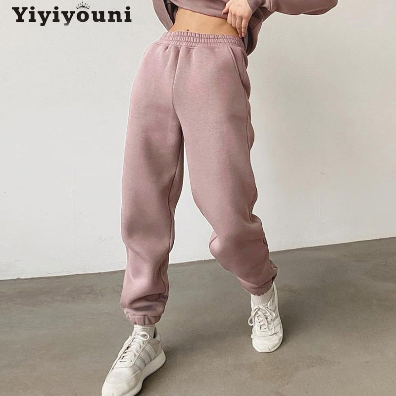 Christmas Gift Yiyiyouni Thickening Fleece Drawstring Sweatpants Women Elastic Waist Autumn Winter Warm Pants Female White Pink Casual Trousers