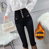 Kukombo  2022 White/Black Autumn Spring Women New Fashion Fake Pocket Gold Button Decoration High Waist Skinny Casual Pencil Pants