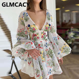 Kukombo Women Lantern Sleeve Grid Floral Embroidered Dress Sweet V Neck Boho Holiday Dresses