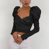 Kukombo Vintage Puff Sleeve Satin Shirt Elegant Women's Blouse Square Collar Folds Slim Crop Tops Autumn Sexy Chic Party Shirts