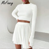 Christmas Gift Msfancy Knitted Skirt Sets Women Green Long Sleeve Slim Crop Pullover Pleated Mini Skirt 2021 Fall Mujer 2 Piece Sets
