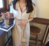 Kukombo New 2022 Women Summer Shirt Dress Single Breasted Oversize Korean Style Vintage Split Lace Up Pure Long Dress DR2628