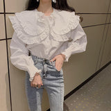 Kukombo Women Shirts Lovely Vintage White Female Sweet Leisure Lantern Sleeve Students Ruffle Tops Mujer Blusas Chemisier Fashion New