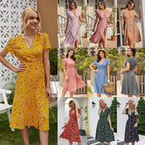 Christmas Gift Women's Summer Dress 2021 New Girl V-neck A-line Short Sleeve Chiffon Long Floral Party Beach Red Dress Femme Robe Clothing