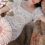 Kukombo 2022 Vintage White Lace Dress Women High Waist Short Sleeve Mini Party Dresses Women Clothing Elegant Hollow Out Boho Vestido