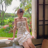 Kukombo Floral Sexy Strap Summer Dress Female Korean High Waist Lace Bandage Design Elegant Casual Dress Women Slim Beach Mini Clothes
