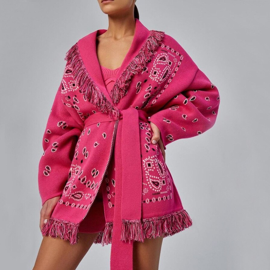Kukombo Autumn Winter Oversized Cardigan Women Knitted With Sashes Fashion Loose V Neck Y2k Casual Tassel Sweater Kimono Coat Loose