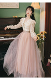 Kukombo 2 Piece Set Women Outfits Sweet Elegant Skirt Suit Flare Sleeve Cute Doll Collar Lace Shirt Top And Fairy High Waist Mesh Skirt K151