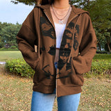 Kukombo Fall Winter Fashion Hip Hop Abstract Graphic Hooded Jacket Women Character Print Jacket Coat Y2k Cardigan Zipper Outerwear Coats