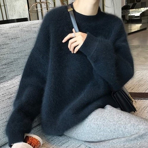 Christmas Gift New 2021 Autumn Winter Women Sweater Pullovers Fake Mink Cashmere Oversize Vintage Knitwears Wild Lady Tops SW1207JX