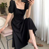 Kukombo Women Summer A-Line Maxi Dresses Korean Fashion Short Sleeve Casual Robe Square Collar Beach Midi Vestido