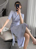 Kukombo Women's Summer Elegant Split A-Line Midi Dress Fashion Casual Lace Up Solid Party Vestidos Femme Outerwear Clothes