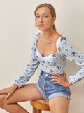 Kukombo Vintage Blue Tartan Floral Print  Women Tops And Blouses Chic Slim Long Sleeve Ropa Mujer Fashion Square Collar Shirt Tops
