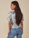 Kukombo Vintage Ivory Blue Flower Print Shirt Retro Elastic Ruched Back Square Collar Short Sleeve Short Blouse Tank Top Tops
