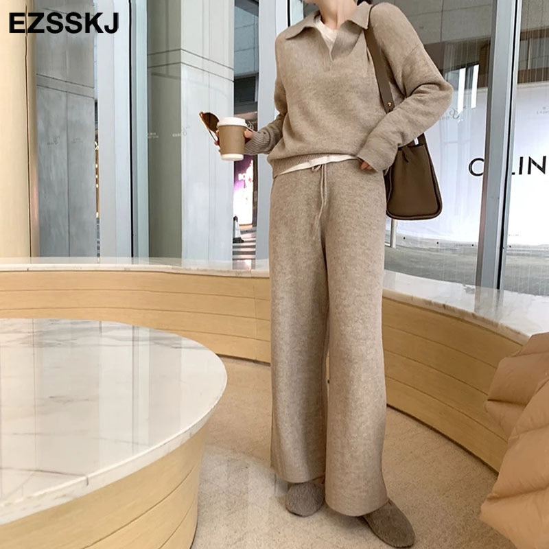 Christmas Gift 2 Pieces Set Women oversize Tracksuit polo collar Sweater Pullover straight pants Sweater Set CHIC Knitted Outwear sweater suit