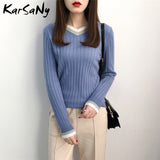 Christmas Gift Autumn V-neck Cashmere Sweater Women Vintage Jumper Blue Knitted Striped Sweaters For Women White Sweater Pullover Winter Warm