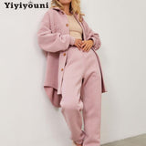 Christmas Gift Yiyiyouni Single Breasted Flocking Winter Jacket and Pants Two Piece Sets Women Oversize Warm Coats Female Fleece Pants 2021