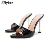 Christmas Gift Eilyken Women slippers Snake Print Strappy Mule high heels Slippers Sandals flip flops Pointed toe Slides Party shoes Woman