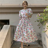 Kukombo Elagant Sweet Dress Women Gentle Temperament Casual Korean Floral Print Maxi Dress Female Puff Sleeve Beach Dress Summer