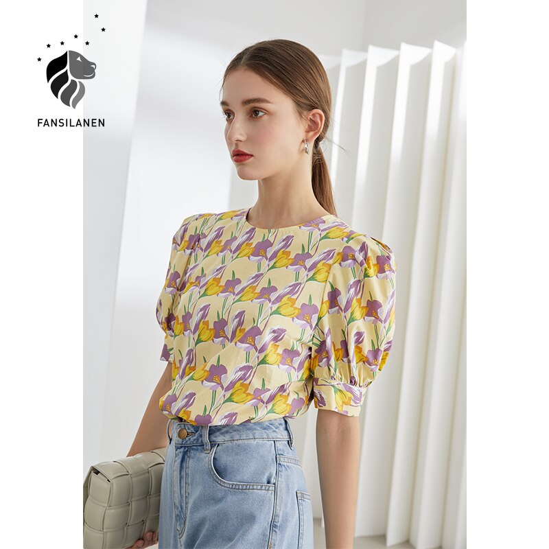 Christmas Gift FANSILANEN Office Lady 100% Cotton French Retro Print Round Neck Shirt Female Summer Bubble Short-sleeved Light Yellow Blouse
