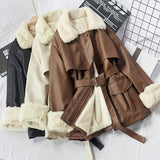 Christmas Gift eather clothes winter 2021 new Korean Pu fur one-piece fur collar lace up Plush jacket fashion motorcycle clothes women's coat
