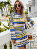 Christmas Gift Aproms Vintage Colorful Crochet Mini Dress Women 2021 Casual Long Sleeve Hollow Out Holiday Beach Fashion Short Dresses Vestidos