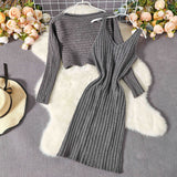 Kukombo Women Elegant Slim Two Piece Sets Female Sweater Dress Autumn Winter High Waist Knitted Ensemble Femme Medium Long Party Dresses