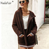 Nadafair Faux Fur Coat Women Hooded Winter Casual Teddy Coat Autumn Pockets Plus Size Fur Jacket Fleece Fluffy Overcoat Outwear