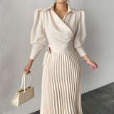 Kukombo Korean Chic Pleated Dress Woman V-Neck Apricot Elegant Long Dress Vestido Female Fall 2022 Turn-Down Neck Lace Up Dresses OL