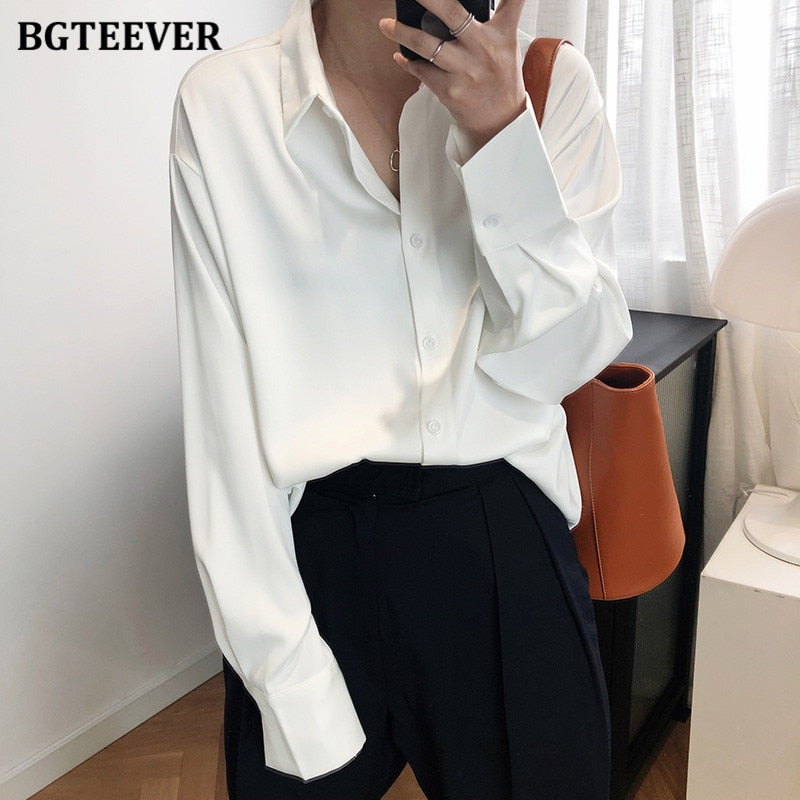 Christmas Gift BBTEEVER 2021 New Chic Women Satin Shirts Long Sleeve Solid Turn Down Collar Elegant Office Ladies Workwear Blouses Female