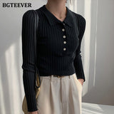 Christmas Gift BGTEEVER Elegant Turn-down Collar Single-breasted Women Sweaters Autumn Full Sleeve Slim Short Female Knitting Tops 2021